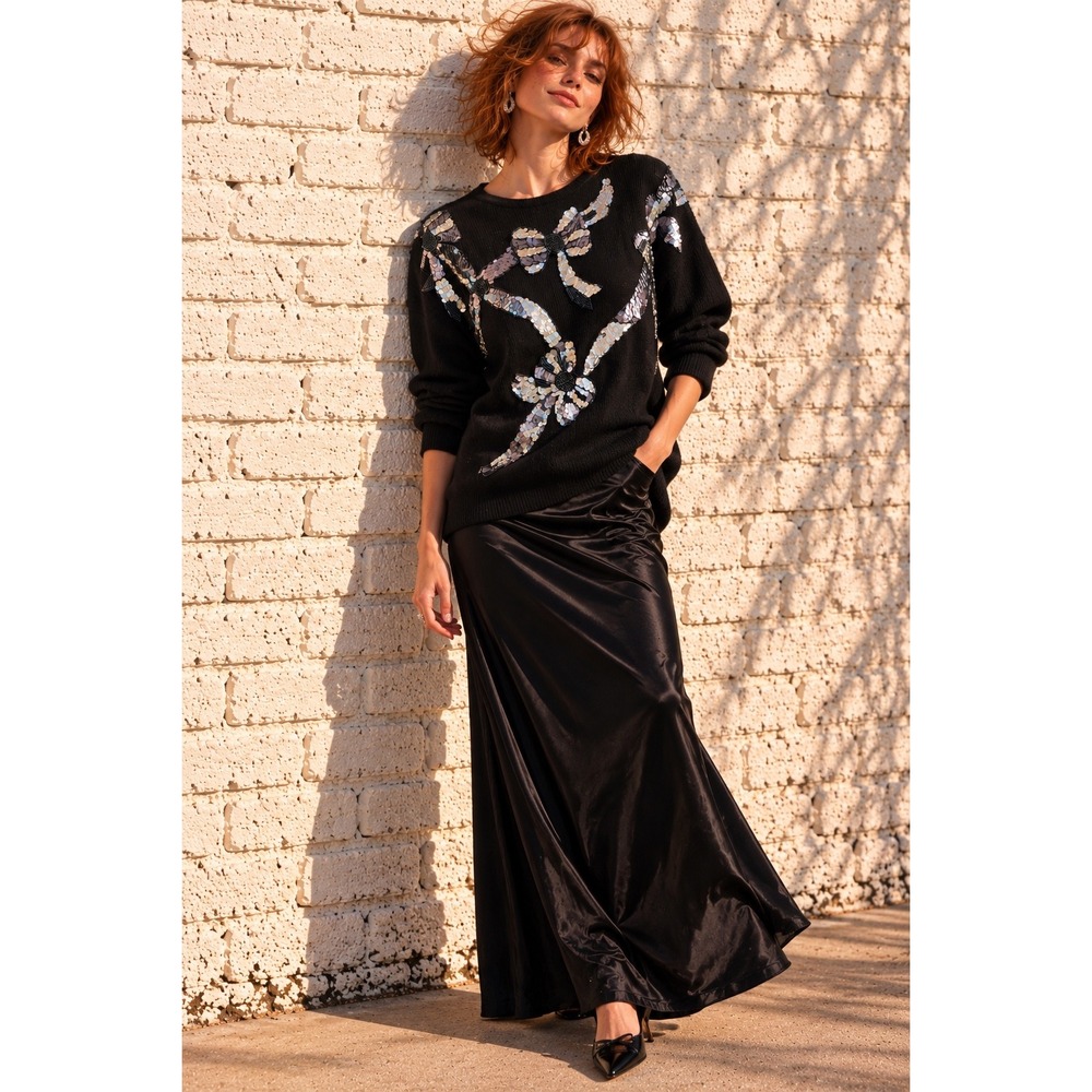 Vintage Trimmings Black Ramie Cotton Sequin Bow Tunic Sweater Coquette Large